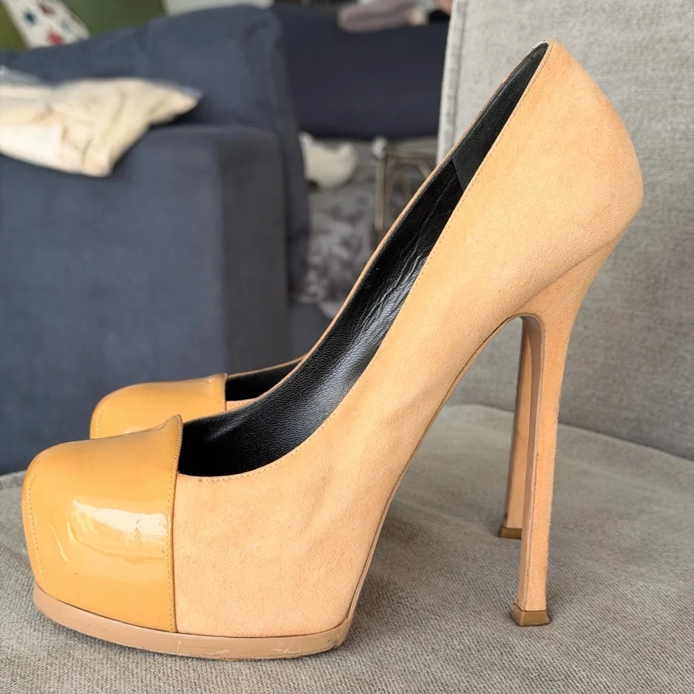 YSL Women's Tan Suede & Patent Leather High Heel Pumps